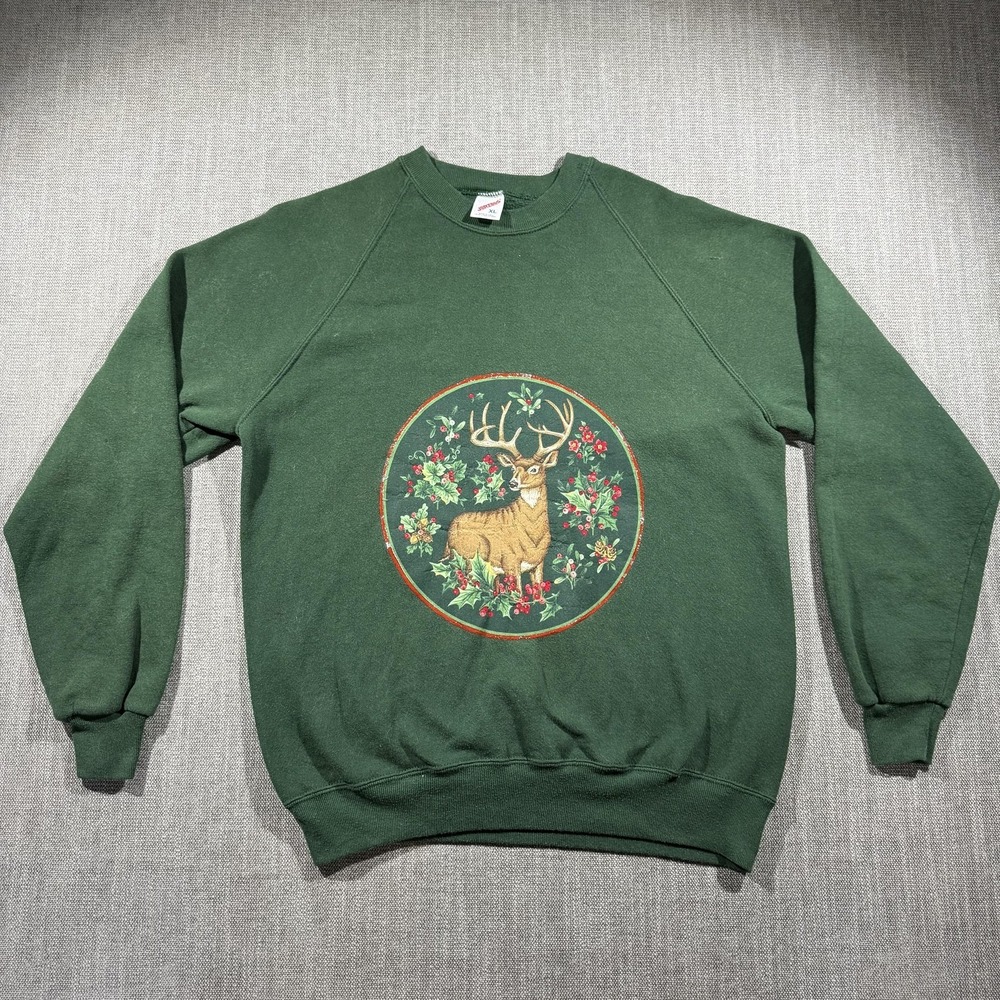 Vintage Jerzees Sweatshirt Mens XL Green Christmas Deer Graphic Made USA 90s